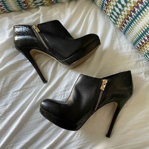 Michael Kors Snake-Embossed Black Stiletto Ankle Booties with Zipper